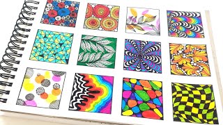 12 color Zentangle Patterns for Beginners  12 Zentangle Patterns  12 easy zen  doodle patterns [upl. by Enia]