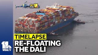 TIMELAPSE Refloating the Dali container ship moving it to Seagirt Marine Terminal [upl. by Nilak449]