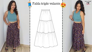 Falda triple volante fruncido 😍 Súper fácil 🧵 Patrón paso a paso gratis 😉 [upl. by Keever]