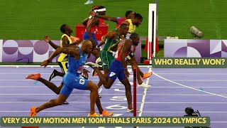 VERY SLOW MOTION MEN 100M FINALS PARIS 2024 OLYMPICS  WHO REALLY WON [upl. by Dewitt548]