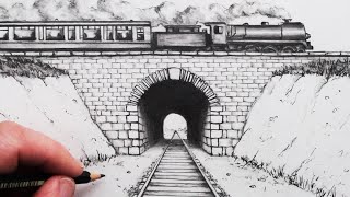 How to Draw using 1Point Perspective Train Track and Tunnel [upl. by Emmeram331]