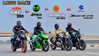 Kawasaki ninja 300 vs ktm duke 390 gen 3 vs continental gt 650 vs Bajaj dominar 400  QUAD BATTLE [upl. by Dilks]