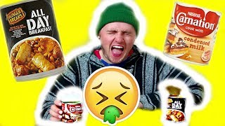 TRYING ALL DAY BREAKFAST IN A CAN  CANNED MILK weird canned food ep 1 [upl. by Anonyw]