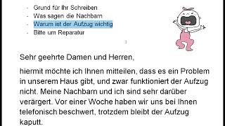 Brief B1 DTZ Aufzug kaputt Brief schreiben an den Hausmeister  Hausverwaltung Beschwerde [upl. by Ansell]