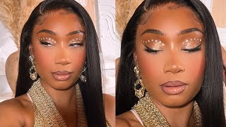 Gold Crystal Soft Glam Makeup Look  Best CLEAR LACE Wig Install  XRSBeauty Hair Co [upl. by Epuladaug]