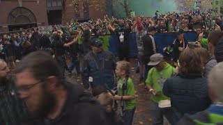 Sounders fans march to CenturyLink Field for MLS Cup [upl. by Noiz]