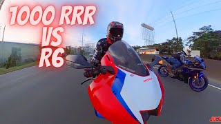 HONDA CBR1000RRR FIREBLADE SP takes on the YAMAHA R6 [upl. by Airitac]