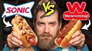 Sonic vs Wienerschnitzel Taste Test  FOOD FEUDS [upl. by Gorrono926]