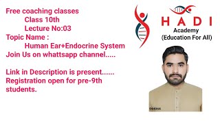 HUMAN EAR QUIZZES  Endocrine System Class 10th  Lecture No 03  03027762964 Registration number [upl. by Milissent]