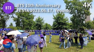 🟣 BTS 10th Anniversary FESTA 2023 Yeouido Seoul Walk 4K l 방탄 10주년 페스타 여의도 한강공원 [upl. by Yenffit]