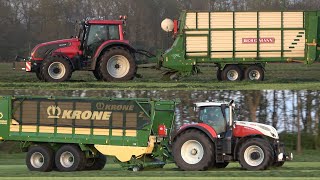 Gras oprapen met Valtra T162 met Bergmann en Steyr Terrus 6270 CVT met Krone ZX opraapwagen 2023 [upl. by Danas298]