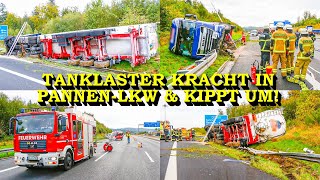 SCHWERER LKWUNFALL AUF A8  TANKLASTWAGEN KIPPT NACH CRASH MIT TRANSPORTER UM  FEUERWEHR [upl. by Ahsitra]