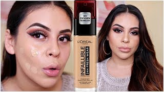 NEW LOREAL INFALLIBLE FRESH WEAR 24HR FOUNDATION FIRST IMPRESSION REVIEW amp DEMO  JuicyJas [upl. by Ashely933]