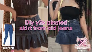 DIY y2k pleated skirt out of old jeans without sewing machine  Pinterest inspired pleatedskirt [upl. by Volding]