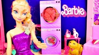 Barbie Glam Laundry Frozen Princess Anna and Elsa Wash Littlest Pet Shop Play Doh Toys Videos [upl. by Jermyn]