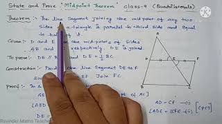 State and Prove The Midpoint Theorem class 9 Quadrilaterals [upl. by Pallaton912]