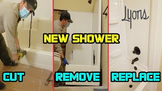 How to remove 1 piece shower stall amp install new Lyons Bathtub Shower Kit from Menards [upl. by Domel]