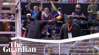 Ymer disqualified from Lyon Open after smashing hole in umpires chair [upl. by Attoynek]