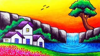 How to Draw Nature Scenery of Waterfall Sunset and Houses  Easy Waterfall Sunset Scenery Drawing [upl. by Lennahc]