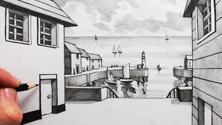 How to Draw using 1Point Perspective Buildings and a Harbour Scene [upl. by Melville]