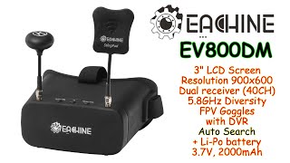 Eachine EV800DM 3quot FPV Goggles 900x600 Dual receiver 40Ch 58GHz DVR Diversity builtin battery [upl. by Anirtac773]