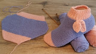 Легкие следки спицами с листиками🍂 Easy Slippers with leaves knitting patter [upl. by Jerrylee]