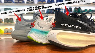 Nike Invincible Run 3 vs Asics GelNimbus 25 vs New Balance Fresh Foam X More V4 Comparison [upl. by Nnaycnan]