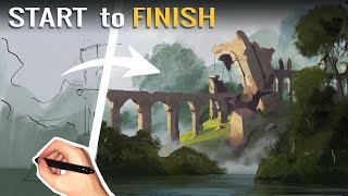 How to Paint and Design a Landscape Environment Digital Painting Tutorial [upl. by Kopple]