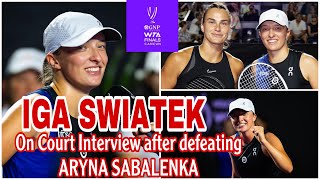 UPDATE IGA SWIATEK ON COURT INTERVIEW AFTER DEFEATING ARYNA SABALENKA [upl. by Ensoll447]