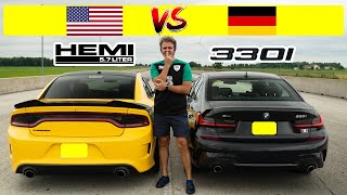 2021 BMW 330i X Drive takes on Dodge Charger Hemi 57 Weight vs Power drag and roll race [upl. by Etnovaj]