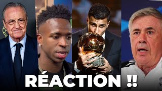 LES GROSSES RÉACTIONS  Rodri remporte le Ballon dOr 2024  ÉNORME SCANDALE  RÉACTION DE VINICIUS [upl. by Htiek]