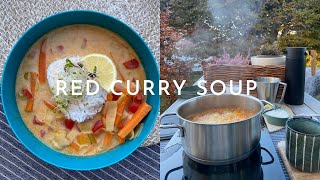 How to make vegan spicy soup  red curry soup with rice  let´s cook together in my garden [upl. by Dnama]