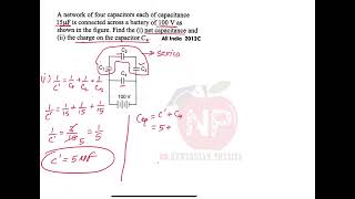 A network of four capacitors each of capacitance 15 microfarad is connected across a battery of 100V [upl. by Higbee]