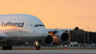 AMAZING CLOSE UP A380 SUNSET TAKEOFF LUFTHANSA MIAMI INTERNATIONALFL [upl. by Melvena984]