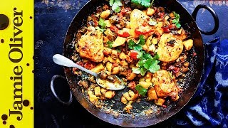 TrayBaked Chicken with Spiced Indian Potatoes  Jamie Oliver [upl. by Berkin]