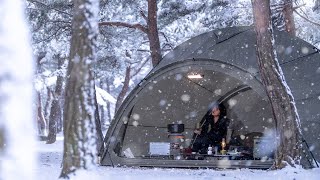 4K Heavy snow camping whole world is covered in white Eating grilled scallops in a snowstorm [upl. by Rombert799]