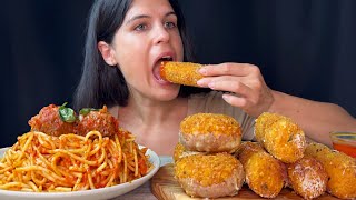 SPAGHETTI MEATBALLS MOZZARELLA STICKS amp SPAGHETTI DONUTS  MUKBANG  ASMR  EATING SOUNDS [upl. by Devad266]