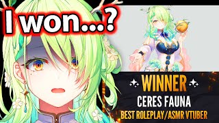 Fauna finds out she won BEST ASMR Roleplay in the Vtuber Award 【Ceres Fauna  Hololive EN】 [upl. by Delora]