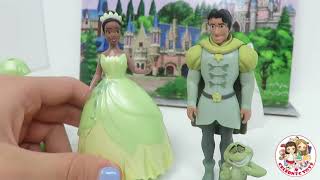 Disney Princess Tiana Deluxe Magiclip doll tries 2 rare Dresses with Prince Naveen amp Frog [upl. by Bassett]