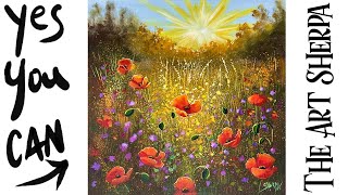 Poppy landscape with glowing light🌟🎨 How to paint acrylics for beginners Paint Night at Home [upl. by Hahsia]