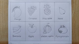 Different types of Fruits drawing easy How to draw 8 Different fruits  Fruit Chart drawing [upl. by Voccola]