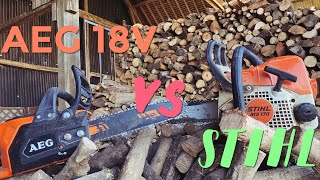 Tronçonneuse à batterie VS thermique AEG ACS18B30 amp Stihl MS170 [upl. by Nickles]