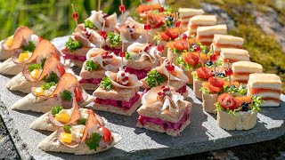 Canapes tricks for you Mini sandwich baguette baskets square and tortilla with salmon [upl. by Enorel342]