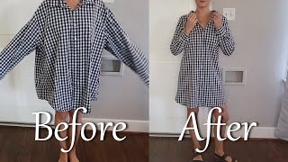 How to turn a large button down shirt into a fitted casual dress [upl. by Ynoyrb]