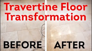 Travertine floor  repairing honing and polishing GRIME TO SHINE [upl. by Karlen500]