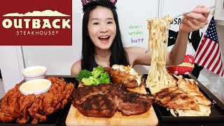 HUGE RIB EYE STEAK Outback Steakhouse Feast in USA  Alfredo Seafood Pasta Bloomin Onion Mukbang [upl. by Nimoynib]