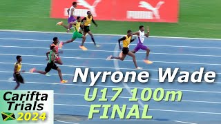 Nyrone Wade  Kingston College  Malike Nugent  Boys U17 100m Final  Carifta Trials Jamaica 2024 [upl. by Asemaj]