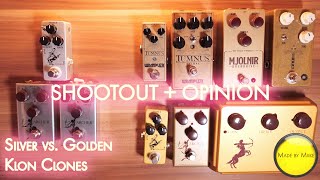 Shootout  Opinion SILVER vs GOLDEN KLON CLONES Archer Warm Audio Wampler JHS Mosky Mythos [upl. by Jun877]