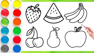 Easy Fruits Drawing Painting and Coloring for Kids and Toddlers  Drawing Banana Apple Watermelon [upl. by Bradly136]