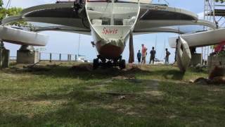 ReLaunching Spirit down the beach in Lombok  2015  Sailing Trimaran Spirit [upl. by Irollam]